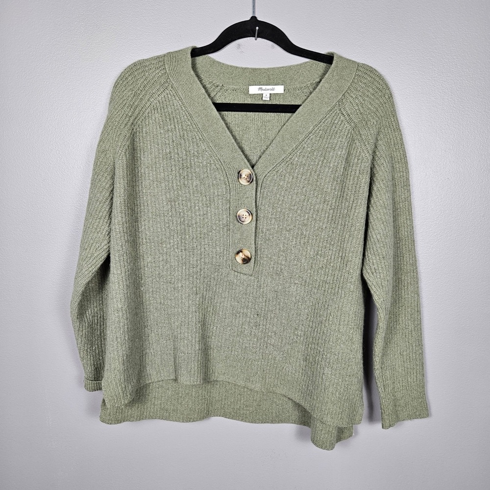 Madewell Womens M Merino Wool Blend Henley Sweater Ribbed Knit Casual Sage Green